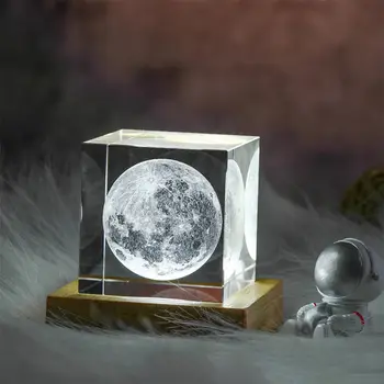 3D Ay Güneş Galaxy Sistemi Modeli Paperweight Lazer Kazınmış Kristal Cam Küp LED Gece Lambası Masaüstü Odası Dekor Yaratıcı Hediyeler
