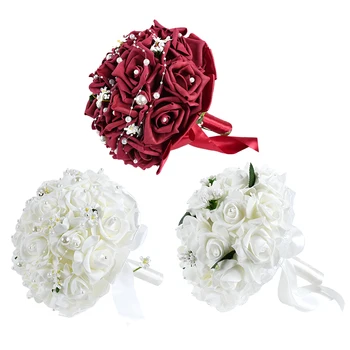 Düğün Buket Gelin Nedime El Buket Çiçekler Yapay PE Gül İnci İpek Çiçekler Beyaz Kırmızı Buket Düğün Malzemeleri