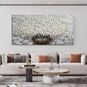 Modern El Boyalı palet bıçağı Çiçek Doku Kalın Soyut Çiçekler Yağlıboya Çerçevesiz Duvar Sanatı Oturma Ev Dekor İçin