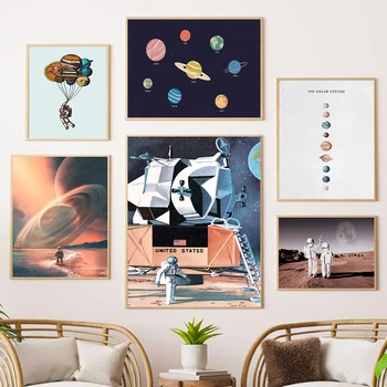 Komik Güneş Sistemi Uzay Astronot duvar sanatı tuval yağlıboya İskandinav Posterler Ve Baskılar Kreş Duvar Resmi Oturma Odası Dekor İçin