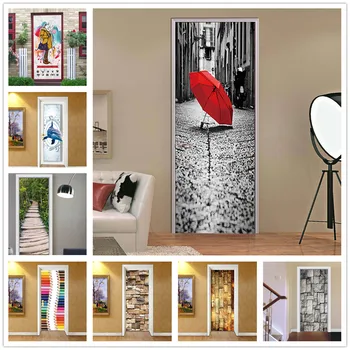 2 ADET / takım Kırmızı Şemsiye Kapı Sticker PVC Yapışkanlı Su Geçirmez Çıkarılabilir Duvar Kağıdı Odası Dekorasyon Duvar Çıkartmaları Posteri adesivo porta