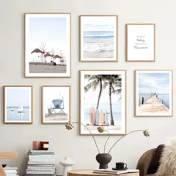 Deniz Seabird Plaj Palmiye Ağacı Yelkenli Kulübe duvar sanatı tuval yağlıboya İskandinav Posterler Ve Baskılar Duvar Resimleri Için Oturma Odası Dekor