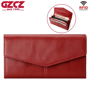 Hakiki Deri Kadın Cüzdan Kırmızı Moda el çantası RFID Engelleme kart tutucu Uzun Lüks Çanta Uygun telefon cebi