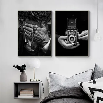 Siyah Beyaz Vintage Kamera Kürt Portre İskandinav Posterler Ve Baskılar duvar sanatı tuval yağlıboya Resimleri Için Oturma Odası Ev Dekor