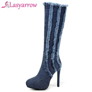 Lasyarrow Ayakkabı Kadın Mavi Denim Çizmeler Yüksek Topuklu Kadın Ayakkabı Püskül Kot Botas Feminina Yuvarlak Ayak Platformu Sapatos Mujer F339