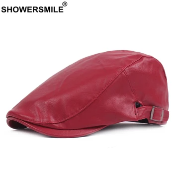 SHOWERSMILE Kış Şapka PU Deri Kırmızı Erkek Bere Retro Rahat Sıcak Sonbahar Kış Erkek Katı Marka Ayarlanabilir Düz Kap