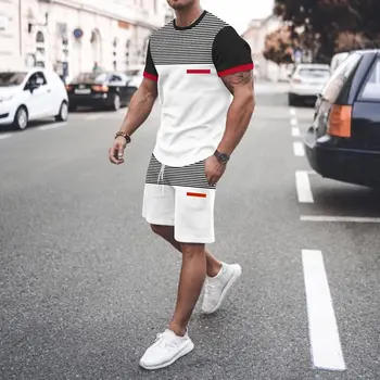 Erkek Yaz Eşofman Rahat Şık Eşofman Seti Şerit Ekleme T-Shirt Şort Takım Elbise Erkek 2 Parça Spor Giyim
