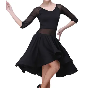 Siyah Latin Dans Elbise Kadın 3/4 Kollu Salsa Tango Kostüm Örgü Flare Latin Dans Elbise Performans Giyim