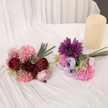 6 adet Simülasyon çiçek krizantem topu mix ve maç oturma odası dekorasyon sahte buket ipek çiçek küçük saksı bitki