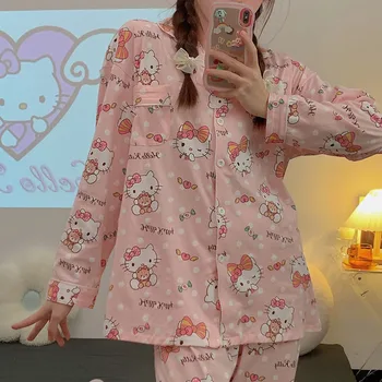 Sanrios Pijama Setleri Kawaii Hello Kitty Pijama Kadınlar için Bahar Sonbahar Sevimli Karikatür Rahat Loungewear Uzun Kollu pantolon seti