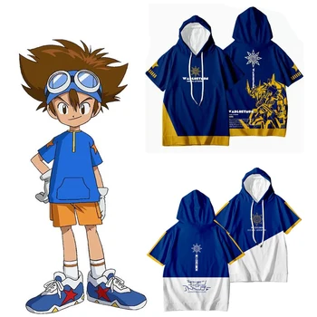 Anime Digimon Macera 3D Baskı Büyük Boy T Shirt Erkek Taichi Yagami Cosplay Yaz Kısa Kollu Kapşonlu tişört Grafik Tees