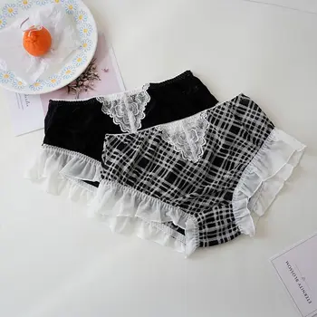 Sevimli Tatlı Lolita Mantar İç Çamaşırı Nefes Yüksek bel Kadın İç Çamaşırı Naylon Kore Tarzı İç Çamaşırı Ekose Külot