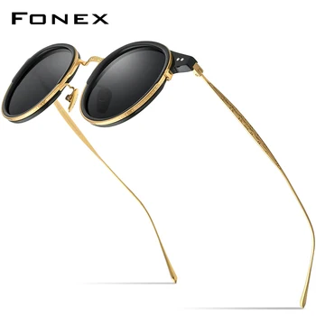 FONEX Titanyum Asetat polarize güneş gözlükleri Erkekler için 2022 Yeni Retro Vintage Yuvarlak UV400 Güneş Gözlüğü Kadın Kore Tonları 850