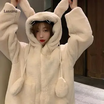 Kawaii Lolita Oyuncak Ceket Kız Kış Sevimli Hareketli Tavşan Kulakları Peluş Kapşonlu fermuarlı ceket Kadın Yumuşak Kız Artı Kalın Kürklü Dış
