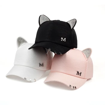 2018 yeni miyav kadın Yaz sonbahar siyah beyaz Pembe şapka Kedi kulaklar Kedi beyzbol şapkası yüzük ve dantel sevimli kız şapka