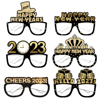 6 adet Mutlu Yeni Yıl Gözlük Kağıt Gözlük 2023 Siyah Altın Kağıt Gözlük Parti Fotoğraf Sahne Merry Christmas Süslemeleri