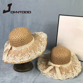 2021 Moda Yaz Kadın Dantel güneş şapkaları Hasır Geniş Ağız Plaj Yan Kapak Disket Kızlar Hasır Şapka Dantel Katı Saçak Hasır Şapka Chapéu