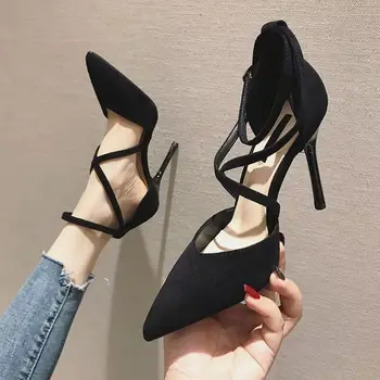 Sivri burun yüksek topuklu ayakkabılar kadın stilettos bahar yeni kız içi boş seksi strappy tek ayakkabı moda ziyafet sandalet