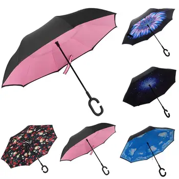 Yaz Çift Katmanlı Şemsiye Yağmur Kadınlar Rüzgar Geçirmez Su Geçirmez C-Şekilli Kolu Ters Şemsiye Güneş Yağmur Koruyucu Şemsiye Yağmur
