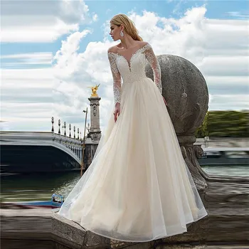 Sheer Scoop Boyun Uzun Kollu düğün elbisesi gelinlikler Düğmeleri İle Dantel Aplikler Tül Etek Özel 2021 Gelin Resmi
