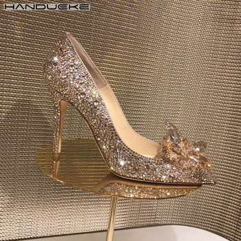 Gül Altın Kristal Kaplı Sivri Burun Kadın Pompaları Lüks Tasarımcı Taklidi Yüksek Topuklu Düğün Ayakkabı Külkedisi Topuk Ayakkabı