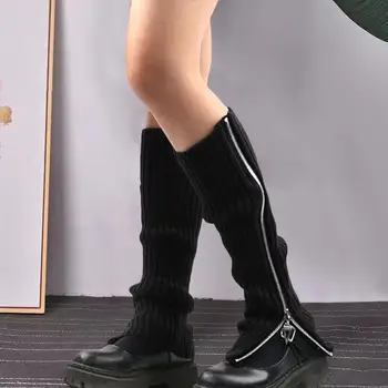 1 Çift düz renk kalınlaşmış kadın sıcak bacak ısıtıcıları yan fermuar Up Nervürlü Öğrenci Çizme çorap