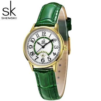 SHENGKE Moda Yeşil Deri Kayış Takvim Kadın Saatler Zarif Tasarım Bayanlar İzle Orijinal kadın Kuvars Saatı SK