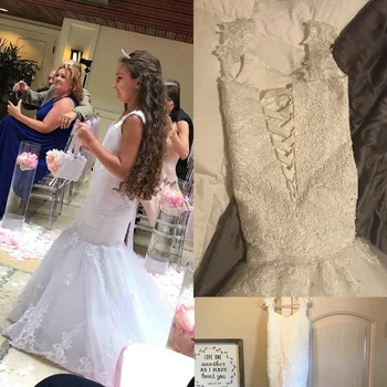 Beyaz Mermaid Çiçek Kız Elbise Düğün İçin Spagetti Dantel Aplikler Kızlar Pageant Elbise İlk Communion Çocuk Abiye