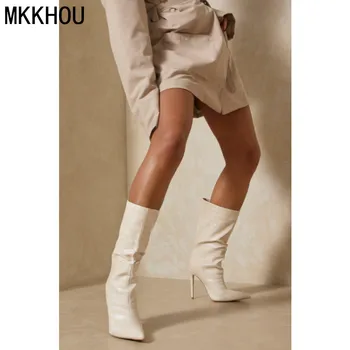 MKKHOU Moda kısa Çizmeler Kadın Yeni Dört Mevsim Çizmeler Moda Timsah Desen Sivri Burun 12 cm Yüksek Topuk Bayan Orta Çizmeler