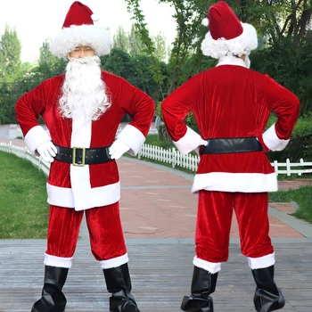 10 adet / grup Noel Baba Cosplay Kostümleri Sakal Şapka Kemer Erkekler Altın Kadife Malzeme süslü elbise Noel Pelerin Kadın Takım Elbise