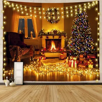 2023 Mutlu Yeni Yıl Goblen Noel Şömine Duvar Asılı Bez Ev Arka Plan Yatak Odası Başucu Dekoratif Noel Ağacı Tapiz