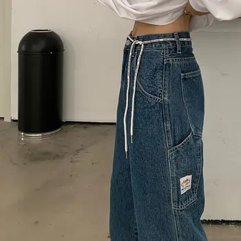 Streetwear Baggy Kot Kadınlar Yüksek Bel Kot Sonbahar Kore Ins Harajuku Gevşek Düz Geniş Bacak Kargo Cepler Pantolon Goth Punk