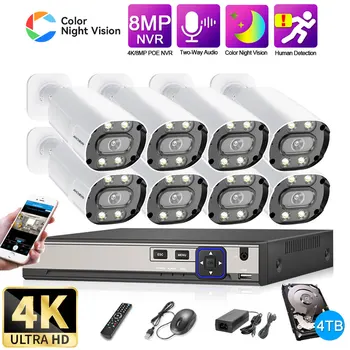 Süper HD CCTV 4K POE NVR ev kamerası Güvenlik Sistemi Seti 8CH Açık Renkli Gece Görüş Bullet IP Kamera Video gözetleme seti