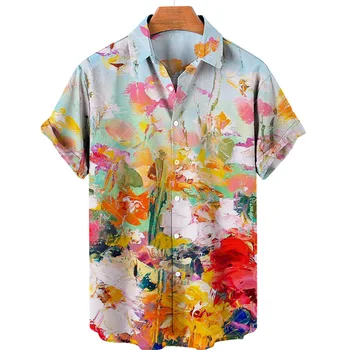 2022 Harajuku Hawaii Gömlek 3d Yağlıboya Çiçek Baskı erkek kadın Moda Kısa Kollu Gömlek Artı Boyutu Gömlek ve gömlek