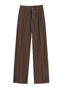 Kadın Moda Kahverengi Büyük Boy Geniş Bacak Pantolon Vintage 2021 Sonbahar Yüksek Bel Pantolon Gevşek Ofis Bayanlar Pantolon Kadın Giysileri