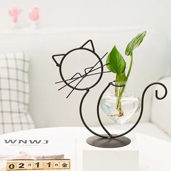Topraksız Bitki Vazolar Ev Bonsai Dekorasyon Yaratıcı Sevimli Kedi Saksı Şeffaf Vazo Demir Çerçeve Cam Masa Bitkiler