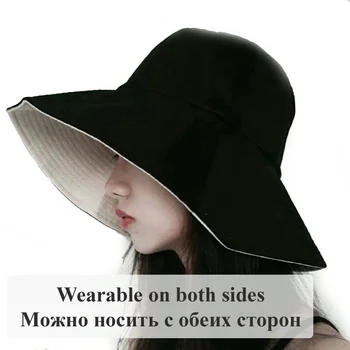 Kadın Kova Şapka Çift taraflı Büyük Saçak Kapaklar Anti-UV güneş şapkası Kızlar İçin Katlanır Güneş Koruyucu Retro Tarzı Disket Geniş şapka