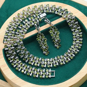 Kişiselleştirilmiş 925 Gümüş Takı Setleri Kadınlar için Zeytin Yeşili Beyaz Zirkon Küpe Kolye Cadılar Bayramı noel hediyesi