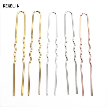 REGELIN 70mm * 1.2 mm Ham Pirinç Gül Altın Rengi Saç Sopa U şekli saç tokası Boş Taban Ayarı Kadınlar Takı İçin Toplu 50 adet / grup