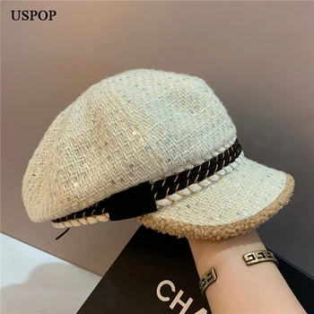 USPOP 2021 Kadın Sonbahar kışlık şapkalar Tüvit Sekizgen Şapka Renk Patchwork Sequins Newsboy Kapaklar