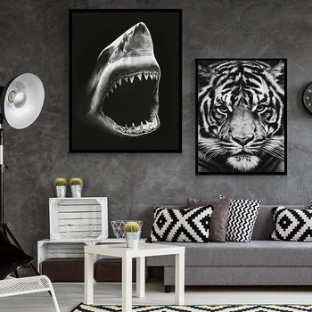 Vahşi Hayvanlar Çita Köpekbalığı Posteri ve Baskılar İskandinav Siyah ve Beyaz duvar sanatı tuval yağlıboya Oturma Odası Ev Dekor için resimler