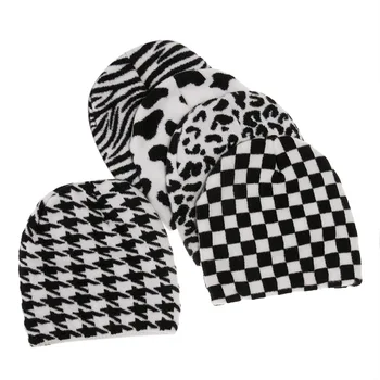 Yeni çizgili örme şapka kasketleri kap sonbahar kış saç bandı seti sıcak siyah ve beyaz süt yünü şapka