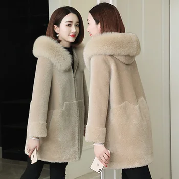 Taklit Kürk Kuzu Yün kapüşonlu ceket kadın Orta uzunlukta 2022 Yeni Sonbahar Kış Manteau Femme Kore Gevşek Taklit Vizon Kadife Dış Giyim