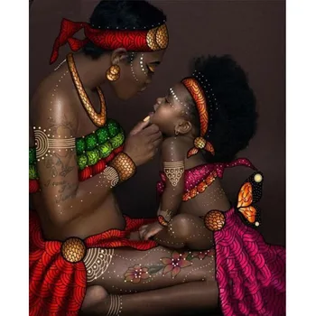 Elmas Boyama Afrika Anne ve Bebek Aşk Elmas Nakış Tam Kare Taklidi Mozaik Bulmaca Çapraz Dikiş Modüler Resimler