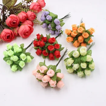 Mini Gül Buketi Düğün Ev Dekorasyon Craft Kart Hediye DIY Çelenk aksesuarları Yapay Çiçekler Garlands Dekor 12 Adet / grup