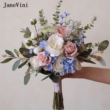 JaneVini Zarif Mavi Ipek Çiçekler Batı Gelin El Buketleri Yapımı Tozlu Pembe Güller Yeşil Okaliptüs Düğün Buket Boho