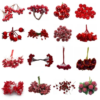 Kırmızı Tema yapay çiçek Kiraz Ercik Meyveleri Paket DIY Noel Dekorasyon Düğün Pastası Hediye Kutusu Çelenkler Noel Dekor