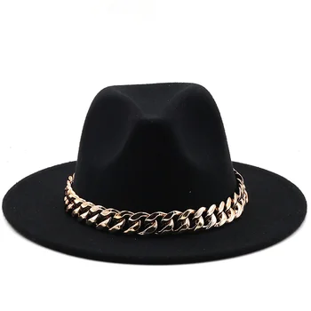 bayan şapka geniş ağız Kalın altın zincir bandı klasik siyah bej keçeli şapka panama kovboy caz erkekler kapaklar lüks fedora kadın şapka