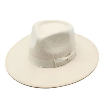 Kadın şeftali kalp üst kenar caz silindir şapka yay ince fedora şapka sonbahar ve kış klasik tüm maç beyaz yün şapka