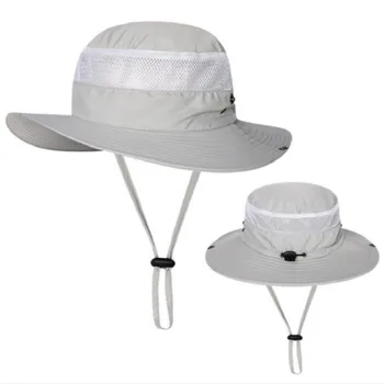 Geniş Ağız Ayarlanabilir Balıkçı Şapka İle Dize Örgü Nefes Yaz kova Şapka Erkekler Büyük Ağız balıkçılık şapkası Kamp Avcılık Şapka